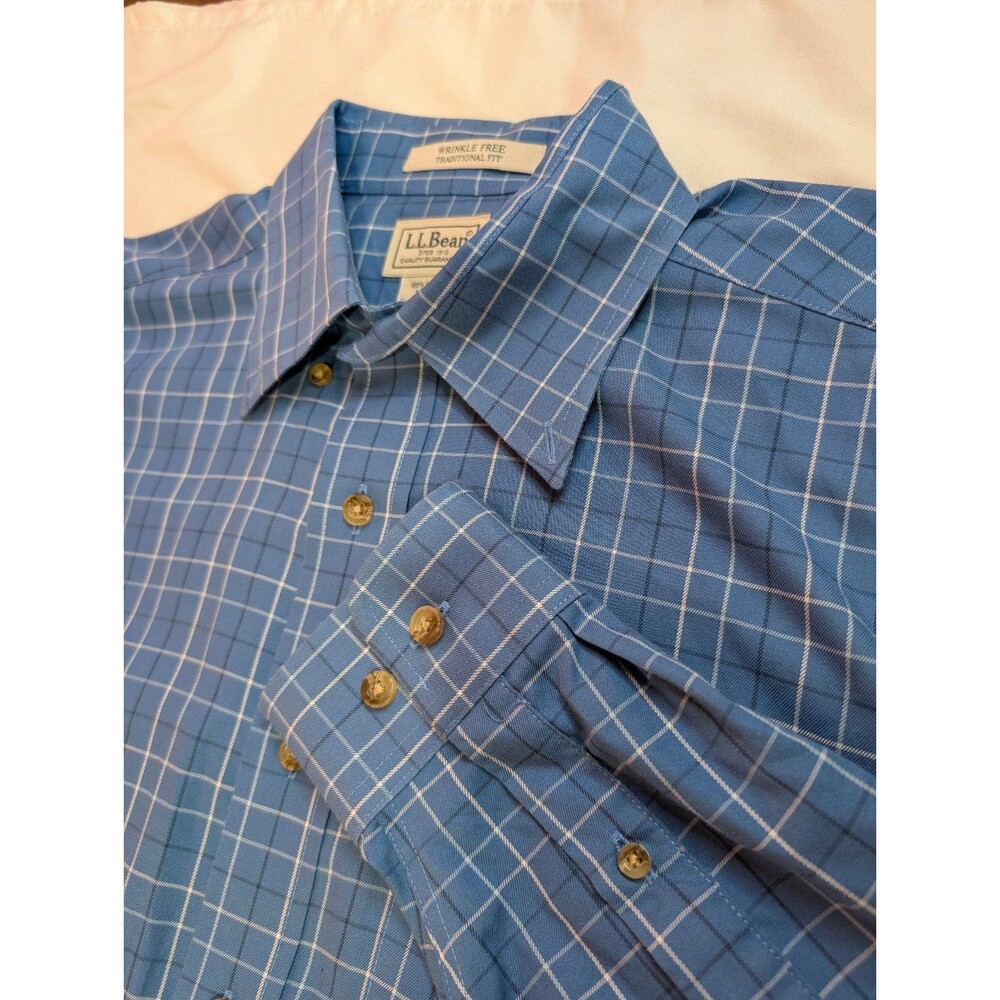 Men's L.L. Bean Traditional Fit Button Up Shirt Windowpane Plaid Blue Medium